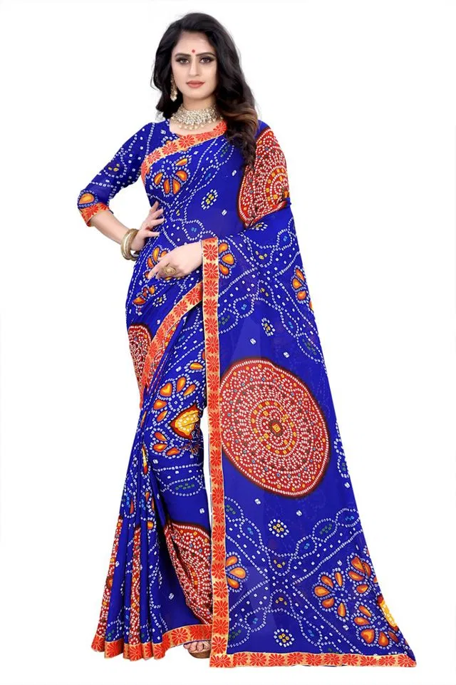 कानूड़ा फैंसी विमेंस जॉर्जेट फ्लावर प्रिंटेड साड़ी (ब्लू, 5.5 M) (K25)