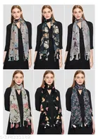 Poly Chiffon Printed Scarves for Women, Black, Pack of 6