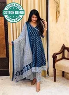 Cotton Blend Printed Anarkali Women's Kurta with Pant & Dupatta Set 