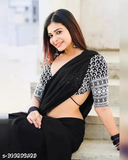 Chiffon Solid Saree For Women, Black