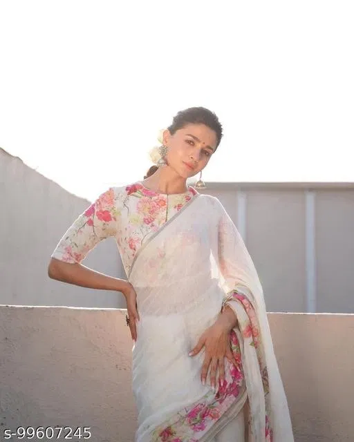 Cotton Linen Saree for Women (White)