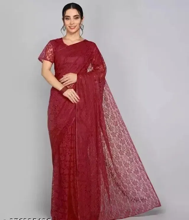 Net Floral Saree for Women (Maroon, 6.3 m)
