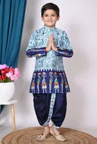Dupion Silk Printed Kurta with Dhoti for Boys, Blue 