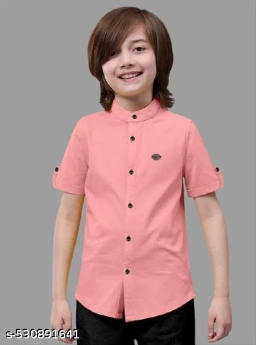 Solid Cotton Blend Mandarin Collar Short Sleeve Shirt for Boys (Pink, 10-11 Years)