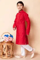Cotton Blend Printed Kurta with Payjama for Boys, Red & White 