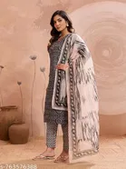 Polyester Printed Kurta With Paint & Dupatta Set for Women, Black & Beige 