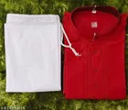 Cotton Solid Kurta Set for Men, White & Red 