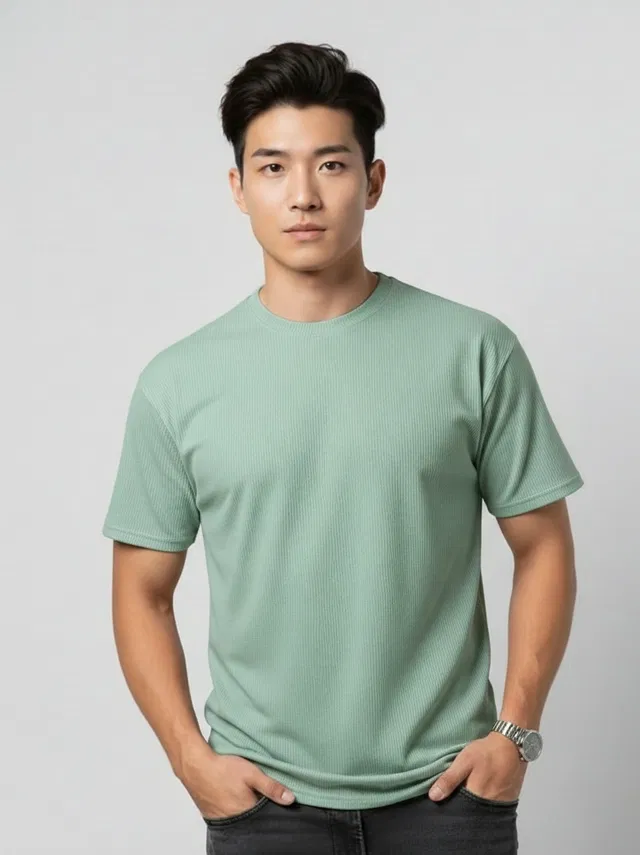 Polyester Round Neck T-shirt for Men, Aqua Blue (L)