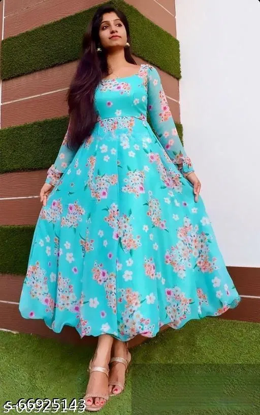 Georgette Dress for Women (Aqua Blue, XL)