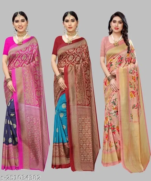 Art Silk Saree for Women, Pack of 3 (Multicolor, Free Size)