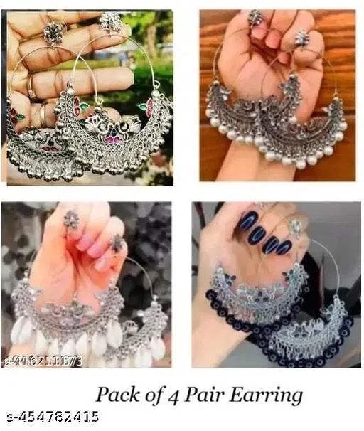 Ethenic and Traditonal Silver Oxidised Mirror Jhumkas Earrings for both Girls and Women (Pack Of 4)