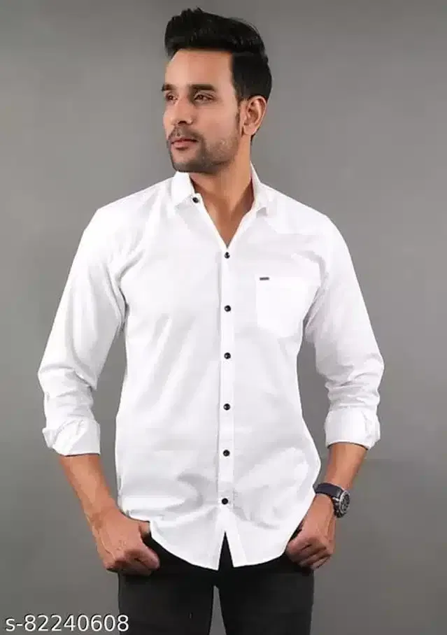 Cotton Blend Full Sleeves Shirt for Men (White, L)