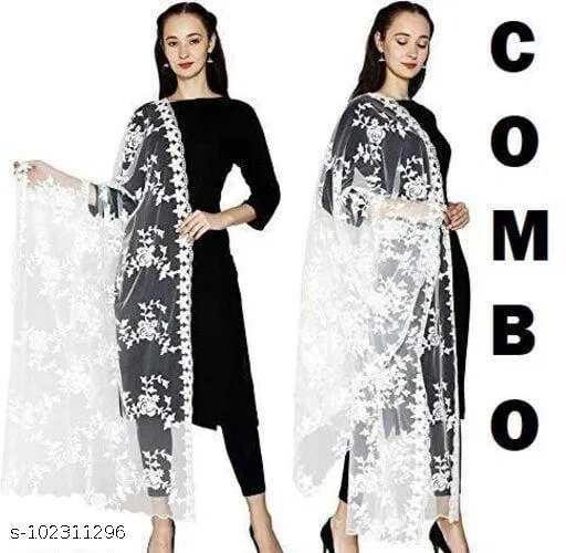 Embroidered Punjabi Net Floral Sewing & Embroidery, Pack of 2 (White, Free Size)