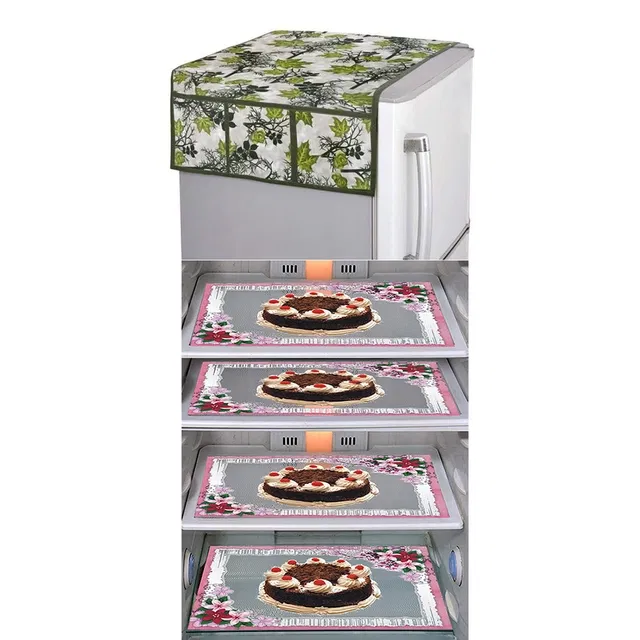 PVC Fridge Top Cover with 4 Pcs Shelf Mat (Multicolor, Set of 5)