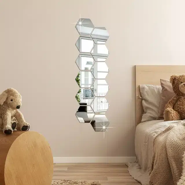 Acrylic Hexagon Shaped Wall Mirror Stickers (Silver, Pack of 12)