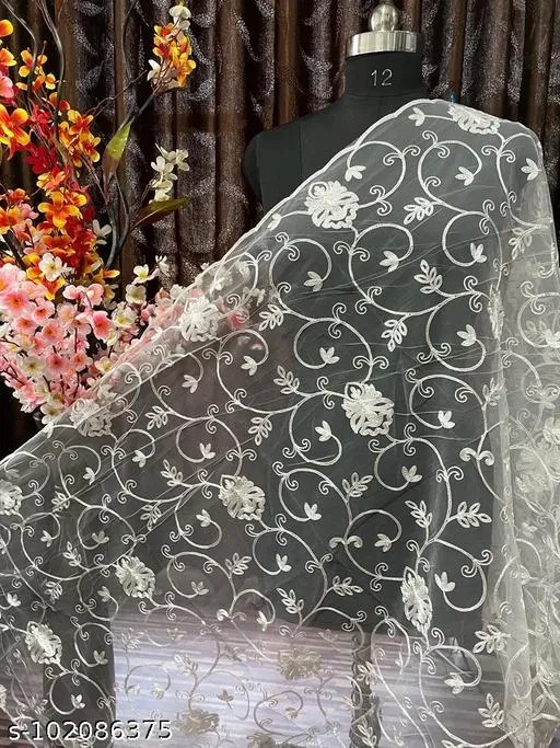 Floral Embroidered Net Dupatta for Women (White, Free Size)