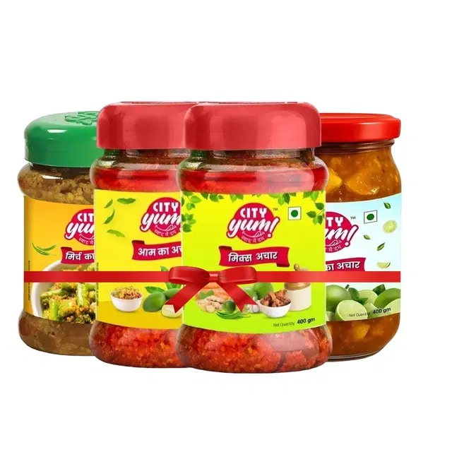 सिटी यम अचार कॉम्बो – आम, मिक्स, हरी मिर्च और नींबू (4 x 400 g)