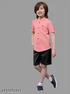 Solid Cotton Blend Mandarin Collar Short Sleeve Shirt for Boys 