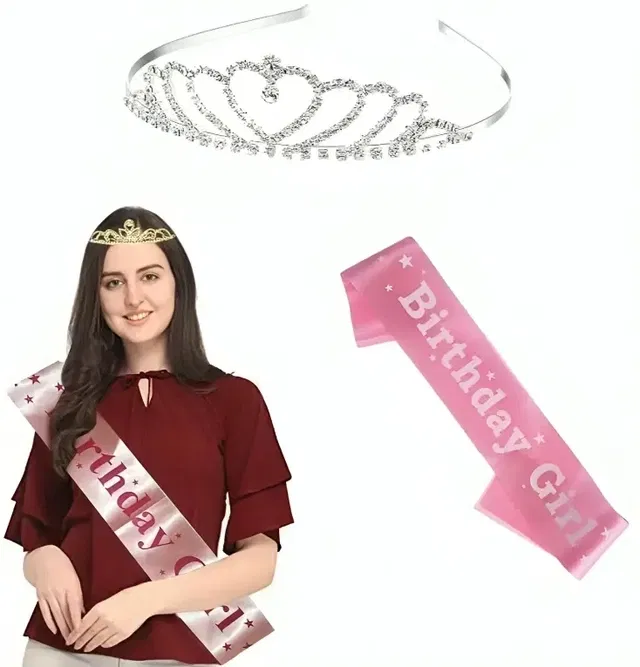 BIRTHDAY GIRL CROWN AND SASH 01 Hair Band (Silver,Pink pack of 2)
