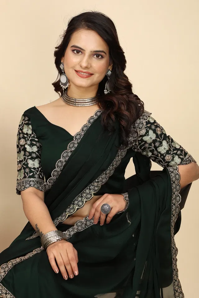 Chiffon Woven Design Saree for Women (Bottle Green, 6.3 m)