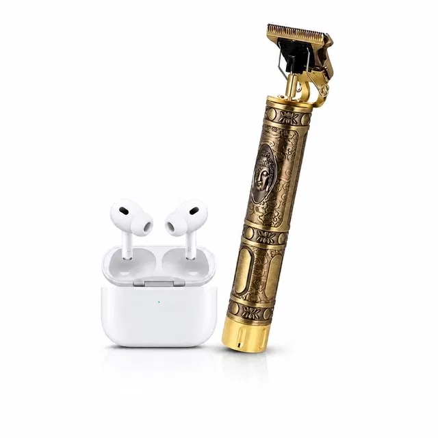 T9 Metal Buddha Trimmer for Men-Gold + TWS Earbuds[White] with 2-3 Hours Playback Time Combo
