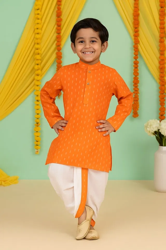 Cotton Blend Printed Kurta & Paints Set for Boys , Orange (3-4 Years)