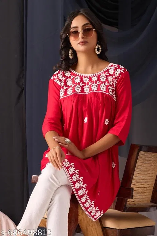 Embroidered Floral Design Anarakali Short Kurti for Girls (Red, S)