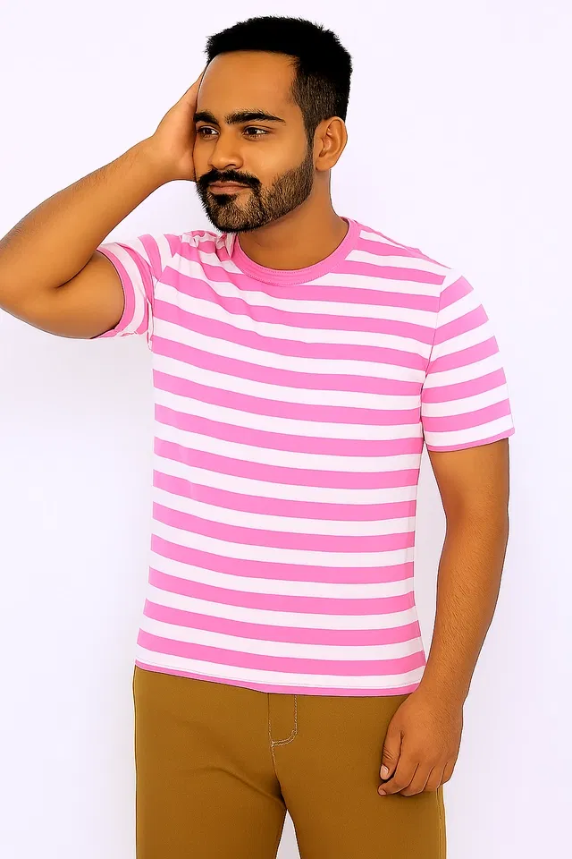 Cotton Stripes T-shirt for Men, Pink (XL)