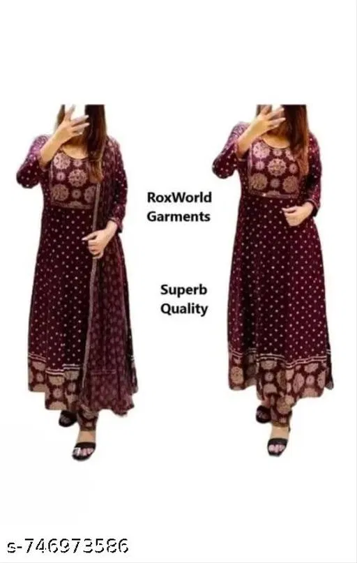 Printed Anarkali Kurta Set for Women (Purple, S)