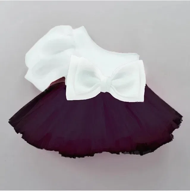 Net Solid Frock for Girls (White & Purple, 12-18 Months)