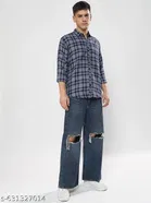 Cotton Blend Checked Shirts for Men, Blue 