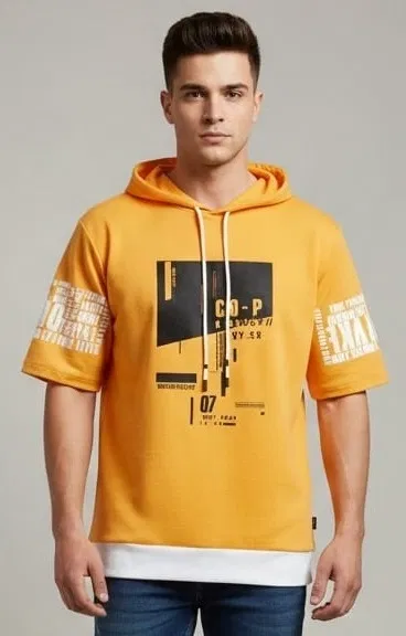 Polyester Printed T-shirt for Men, Yellow (XL)