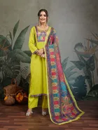 Cotton Blend Printed Kurti With Pant & Dupatta for Women, Yellow 