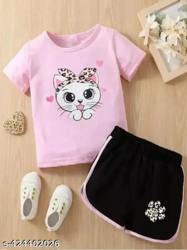Cotton Blend Clothing Set for Girls (Pink & Black, 3-4 Years)