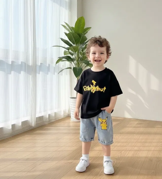 Pikachu Printed T-Shirt & Denim Shorts Set for Boys (Black, 9 - 12 Months)