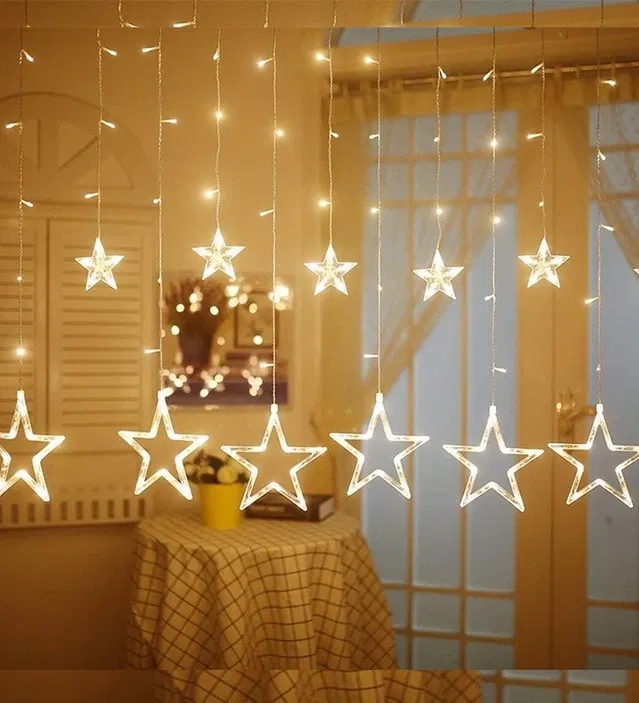 Stars LED Curtain Star Shape Lights with 8 Flashing Modes (Gold, 2.5 m) 12 Stars Hanging Decoration/Diwali Light