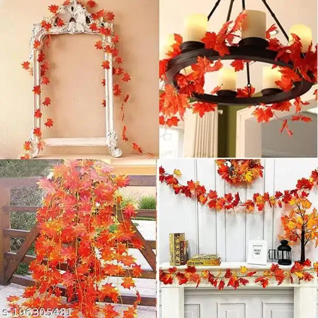 Polyester Artificial Hanging Maple Leave Bail (Orange, Pack of 2)
