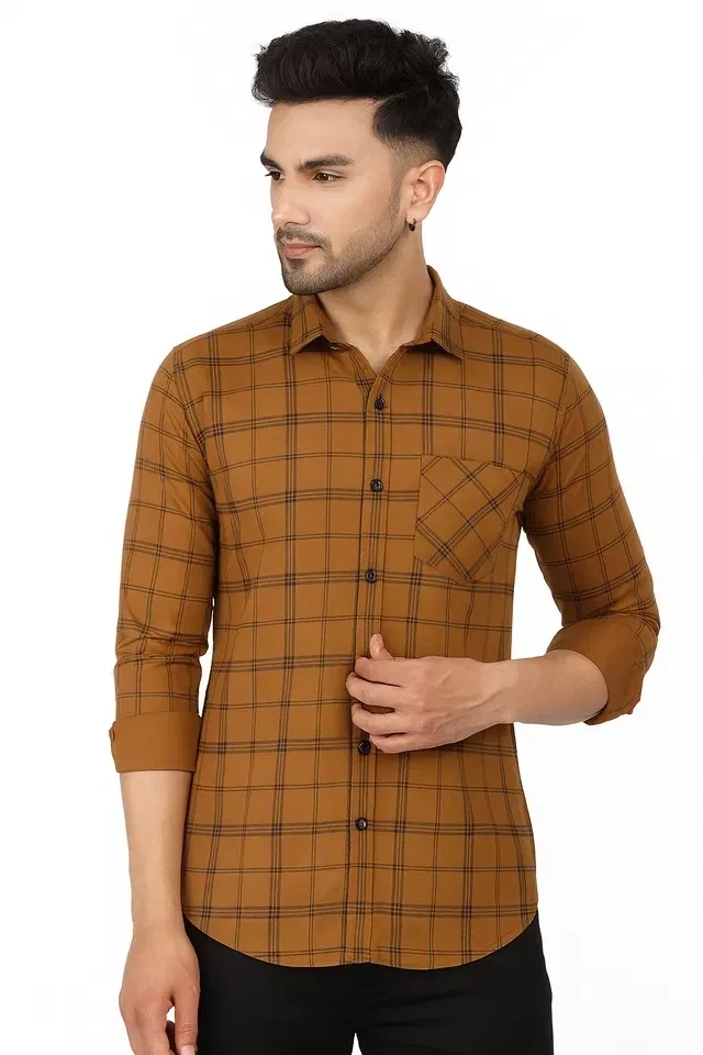 Cotton Full Sleeves Shirt for Men (Brown, L)