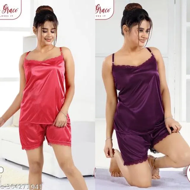 Satin Nightsuit for Women (Pink & Purple, XXL) (Pack of 2)