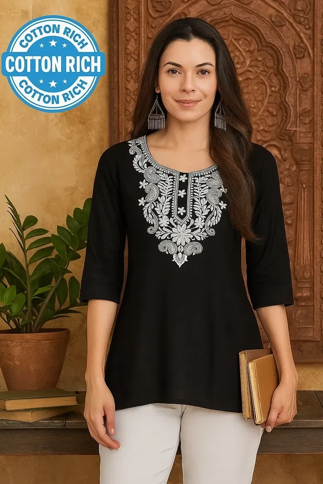 Cotton Embroidered Short Kurti for Women (Black, S)