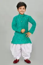 Cotton Blend Embroidery Kurta with Dhoti for Boys, Teal & White 
