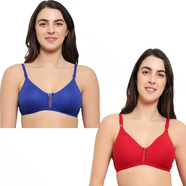 Cotton Blend Non Padded Bra for Women (Blue & Red, 36) (Pack of 2)