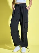 Polyester Loose Fit Trousers for Women (Black, 28)