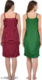 Satin Solid Nightdress for Women, Green & Dark Pink, Pack of 2 