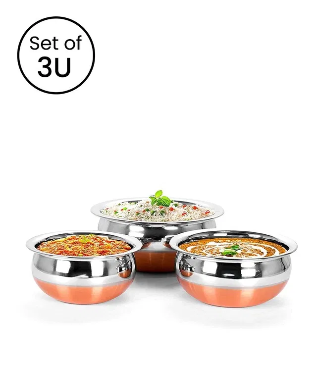 3 Piecs Stainless Steel Copper Bottom Handi Pot Set 1000ml, 1350ml, 750ml