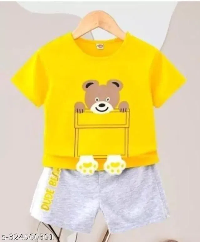 Hosiery Cotton Clothing Set for Kids (Yellow & Grey, 2-3 Years)