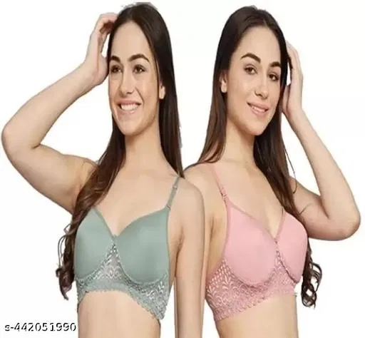 Cotton Solid Bra for Women & Girls, Pink & Green, Pack of 2 (34A)