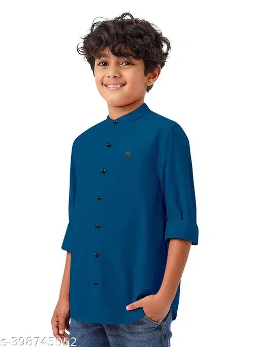 Solid Cotton Blend Mandarin Collar Long Sleeve Shirt for Boys (Teal, 8-9 Years)