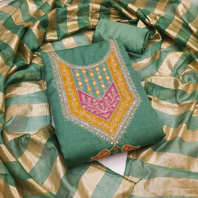Vichitra Silk Embroidered Unstitched Suit Fabric, Green