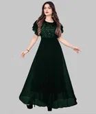 Georgette Embellished Gown for Women (Bottle Green, S)